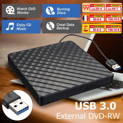 External USB 3.0 DVD RW CD Writer Slim Carbon Grain Drive Burner